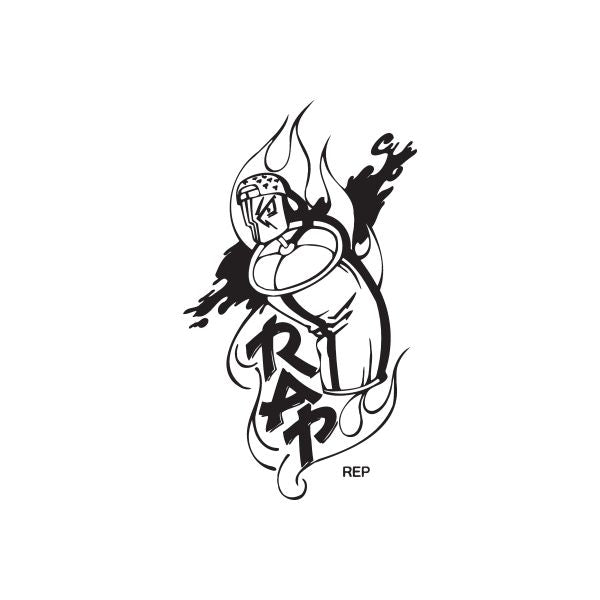 Rapper spray can vinyl decal with flame and black graphic illustration