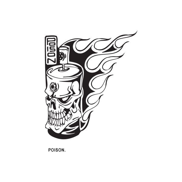 Skull spray paint decal with flame outline and vertical “POISON” text
