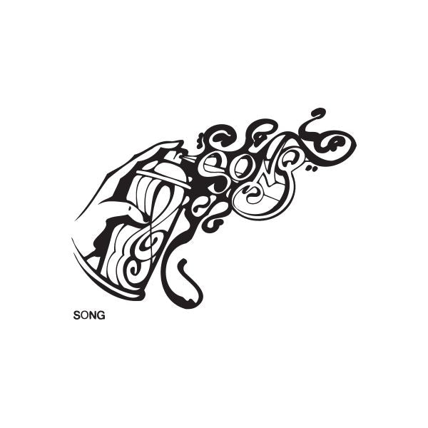 Spray paint can decal in black graffiti style with swirls and “SONG”