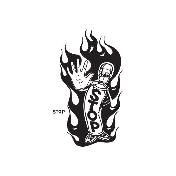 Spray paint can stop decal with black flame graphic and spray-can design