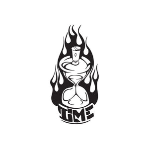 Flame graphic decal with small can icon and bold lettering, black-and-white