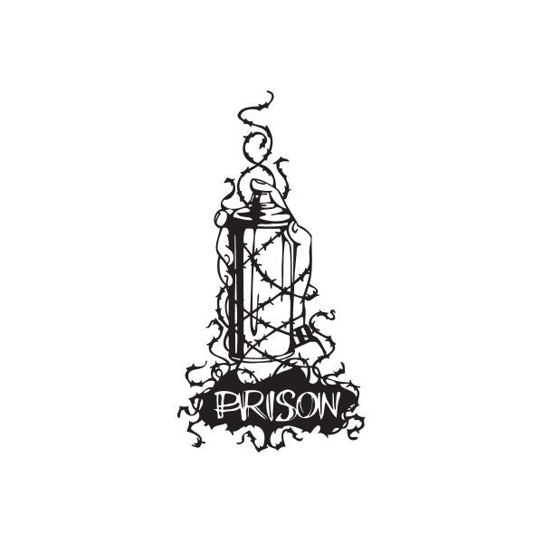 Barbed wire lantern decal with PRISON text, black design on light background