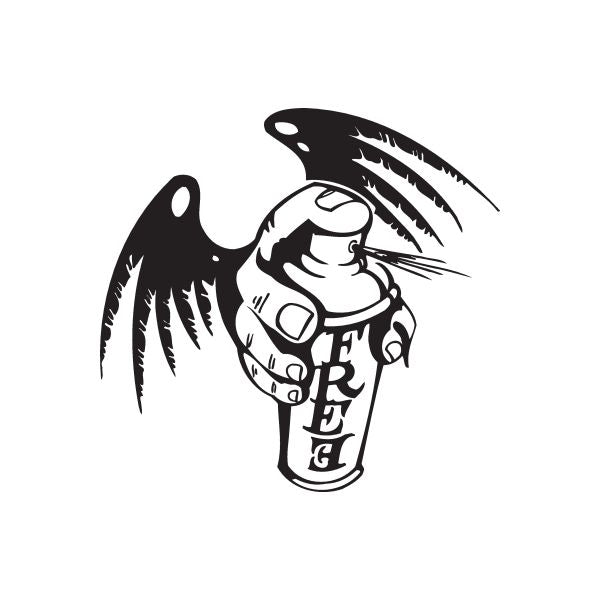 Winged spray paint can decal with graffiti-style outline, black and white design