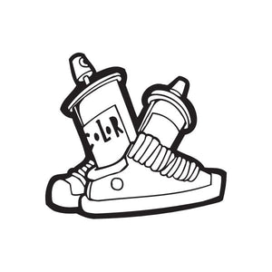 Shoes graffiti decal of two spray paint cans and a sneaker, black outline