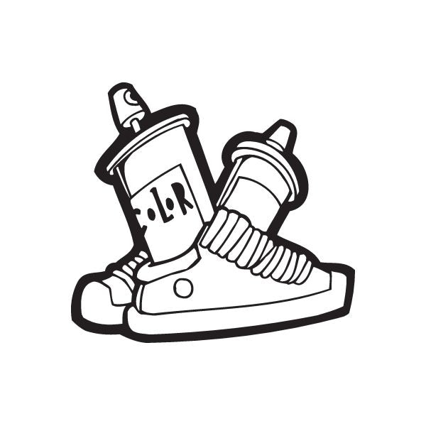 Shoes graffiti decal of two spray paint cans and a sneaker, black outline