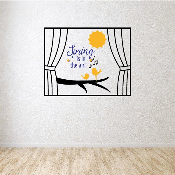 Printed die cut decal: window curtains with sunburst, birds, and “Spring is in the air”