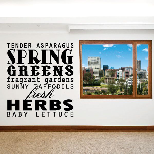 Spring word collage wall decal with large text letters: SPRING GREENS HERBS
