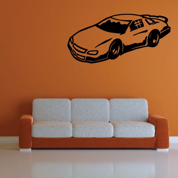 Sprint car decal with black outline and tan sports car graphic