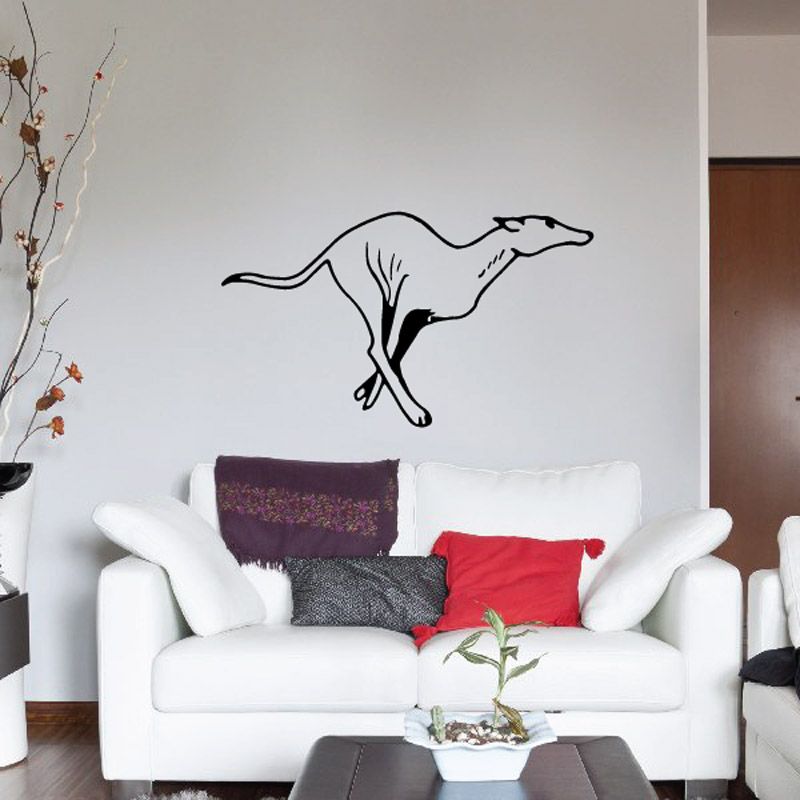 Sprinting greyhound decal with black running silhouette on light wall
