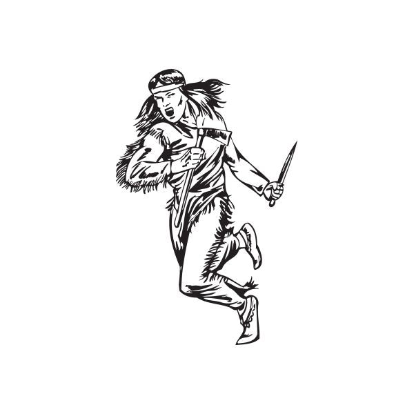 Running Native American warrior decal, black and white illustration holding a spear