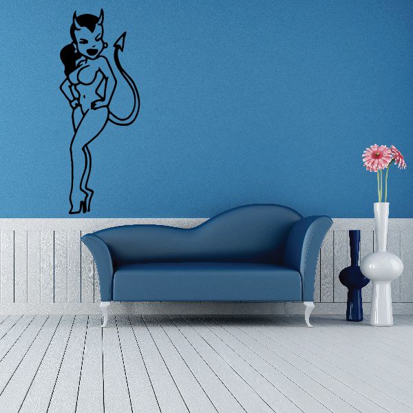 Devil girl outline decal holding trident, black