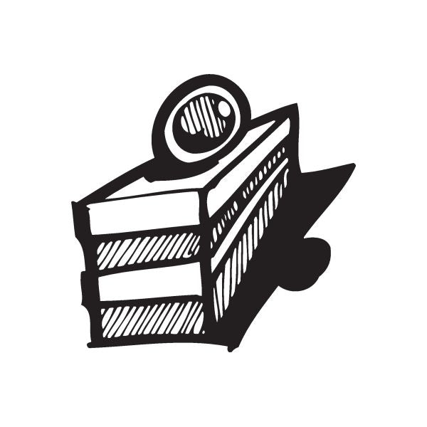 Square cake decal with black cake slice icon and circular plate