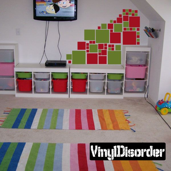 Squares wall decal set with red, green, and white square pattern on wall