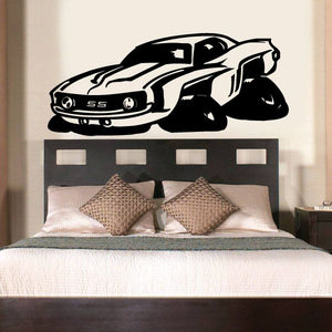 Cartoon Camaro car wall decal, black and white with SS badge detail