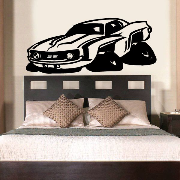Cartoon Camaro car wall decal, black and white with SS badge detail