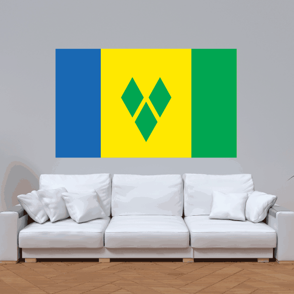Flag sticker with blue, yellow, and green stripes and center diamond emblem