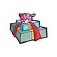 Stack of presents sticker showing colorful gift boxes with pink ribbon bow