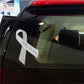White awareness ribbon vinyl sticker for stalking awareness, with cursive text on ribbon