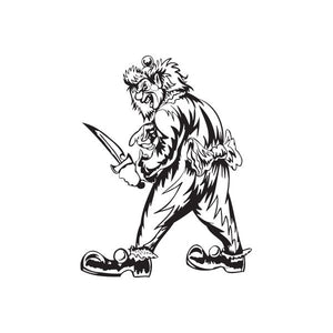 Clown with knife decal, black-and-white outline with menacing grin
