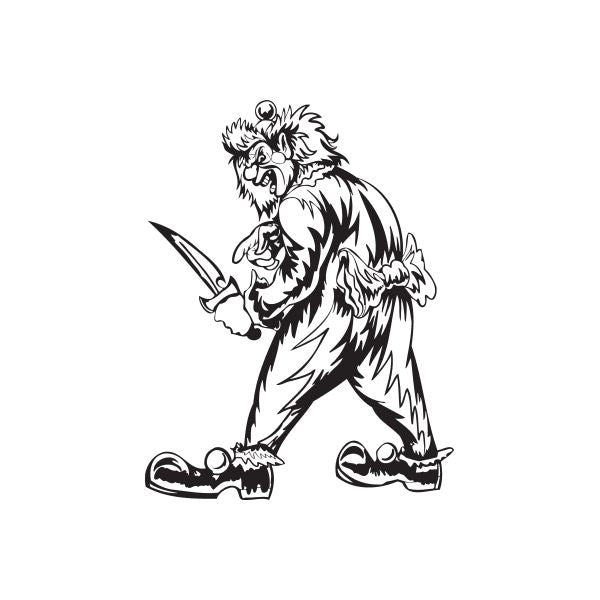 Clown with knife decal, black-and-white outline with menacing grin