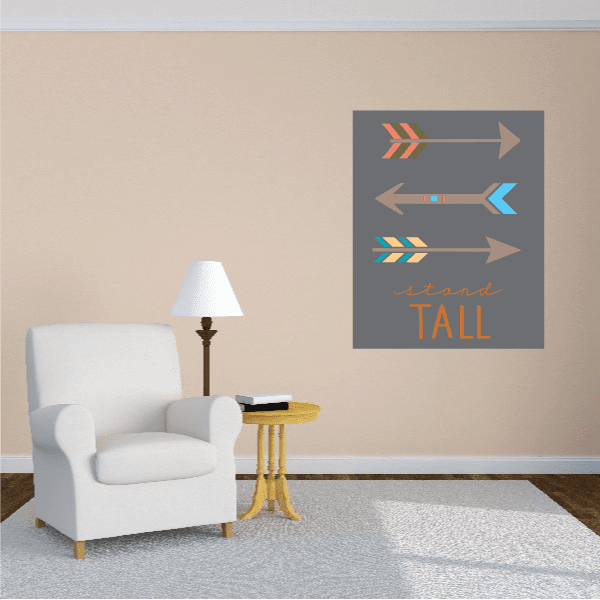 Square gray arrow sticker with orange “Stand Tall” text and layered arrow graphic