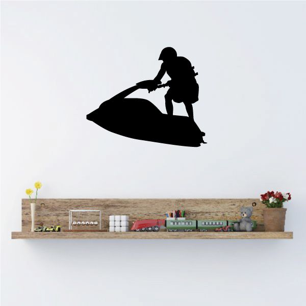 Stand up jet ski rider decal with black silhouette of rider on watercraft