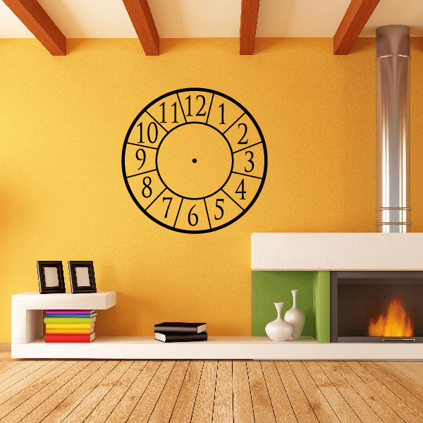 Clock face wall decal with black roman numerals and minute marks