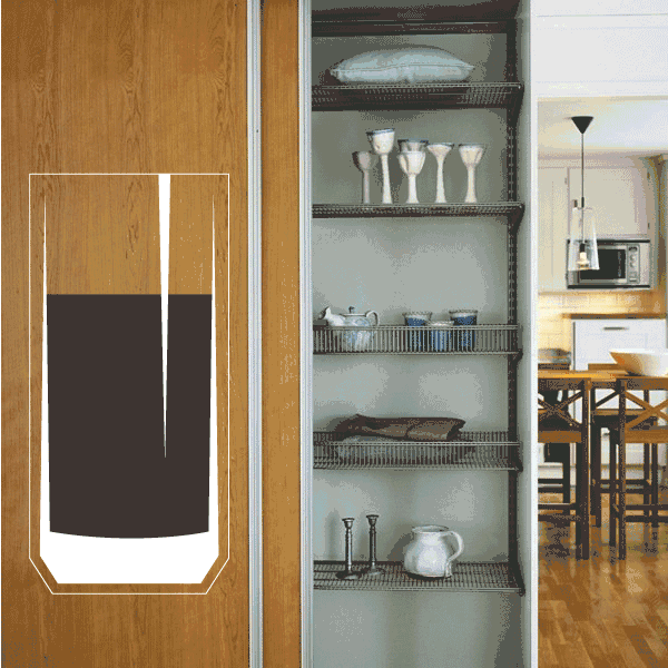 Drinking glass sticker with tall black center band and white border on tan door
