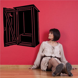 Outhouse decal with bold black outline and striped door lines