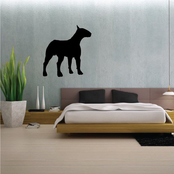 Standing bull terrier decal sticker with a black silhouette on a light background