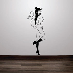 Standing devil girl wall decal, black outline figure in boots and tail