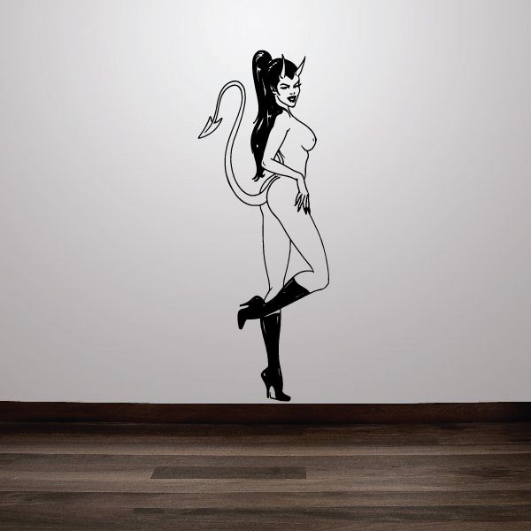 Standing devil girl wall decal, black outline figure in boots and tail
