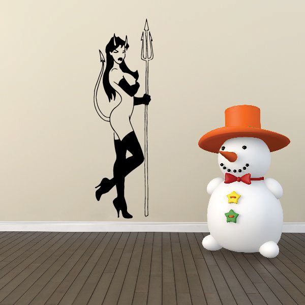Standing devil girl with pitchfork wall decal, black and white figure