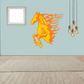 Flaming horse head sticker with orange mane and flame tail, standing profile