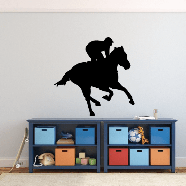 Standing jockey on racing horse decal, black silhouette