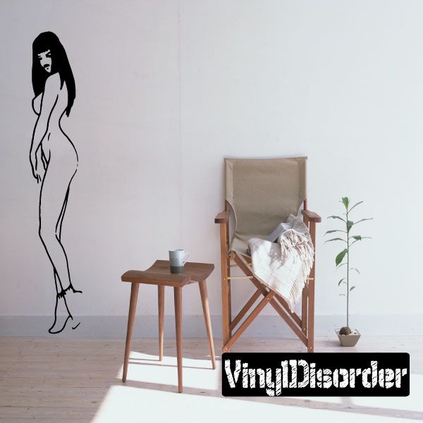 Standing nude woman wall decal, black outline silhouette with long hair