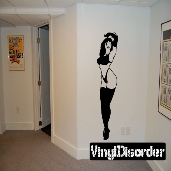 Lingerie woman decal silhouette, black standing figure with arms raised