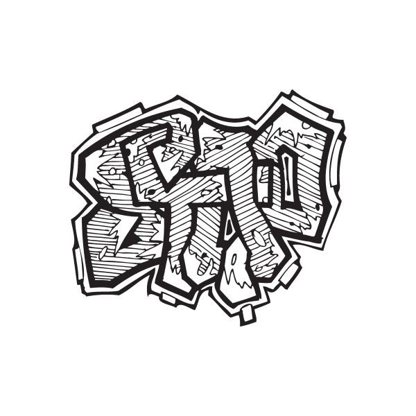 Graffiti decal sticker with bold black-and-white tag lettering and outline shapes