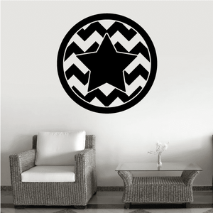 Circular star and stripes wall decal with black star center and white zigzag border