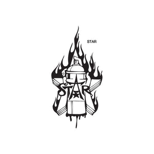 Star spray paint can decal, black flame spray-can graphic with STAR text