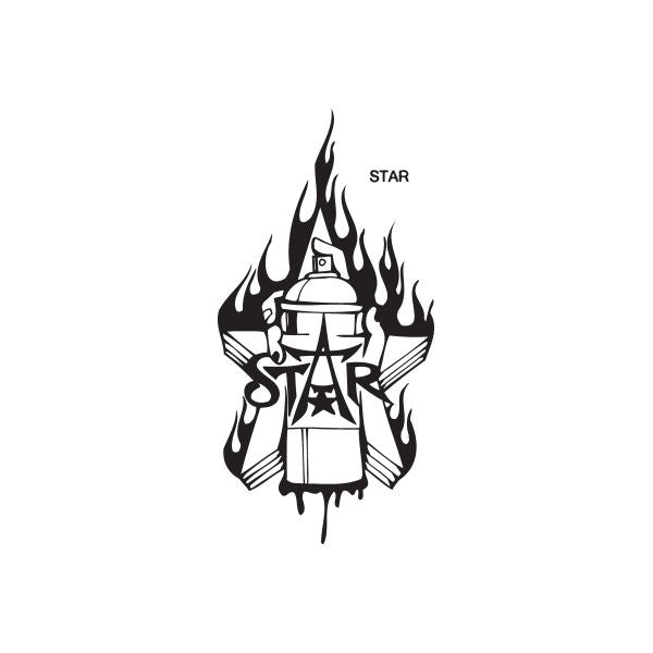 Star spray paint can decal, black flame spray-can graphic with STAR text