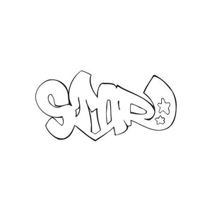 Graffiti text star decal with outlined letters and star accents