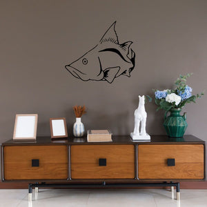 Staring carp wall decal, black line-art fish with open mouth and fins