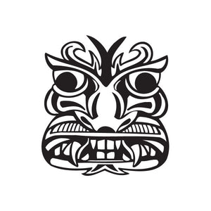 Tiki owl decal with bold black tribal mask face and spiral details