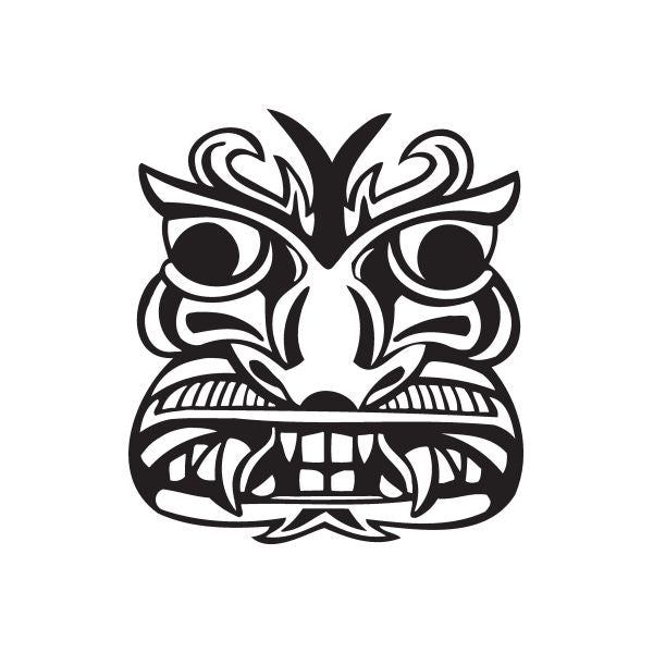 Tiki owl decal with bold black tribal mask face and spiral details