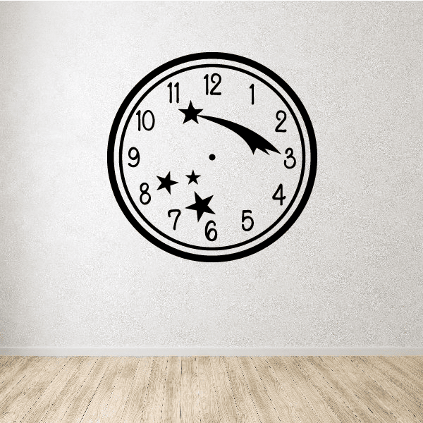 Clock face wall decal with star accents, Roman numerals, and black hands