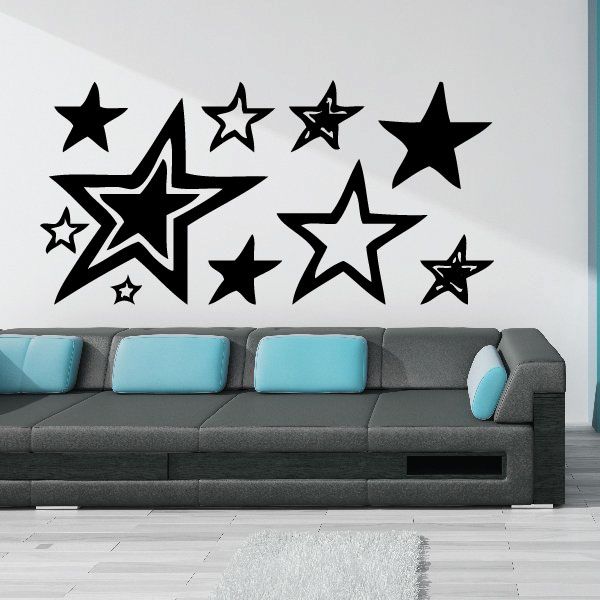 Star wall decals set with multiple black star shapes for decorating walls