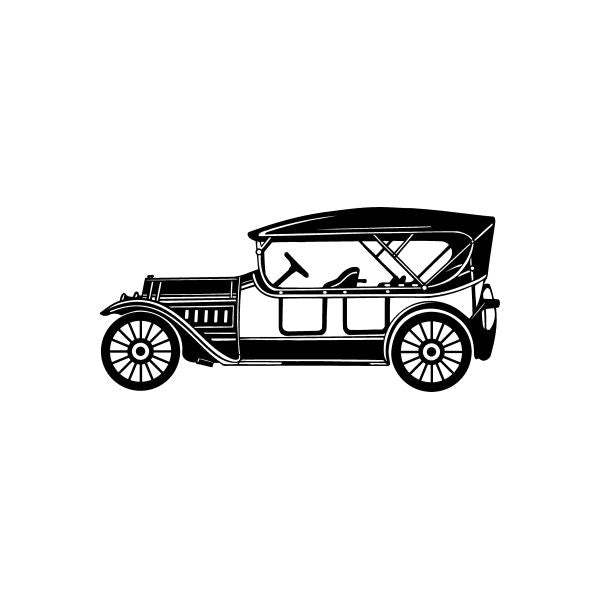 Station wagon car side view with black and white body, vintage design, spoked wheels.