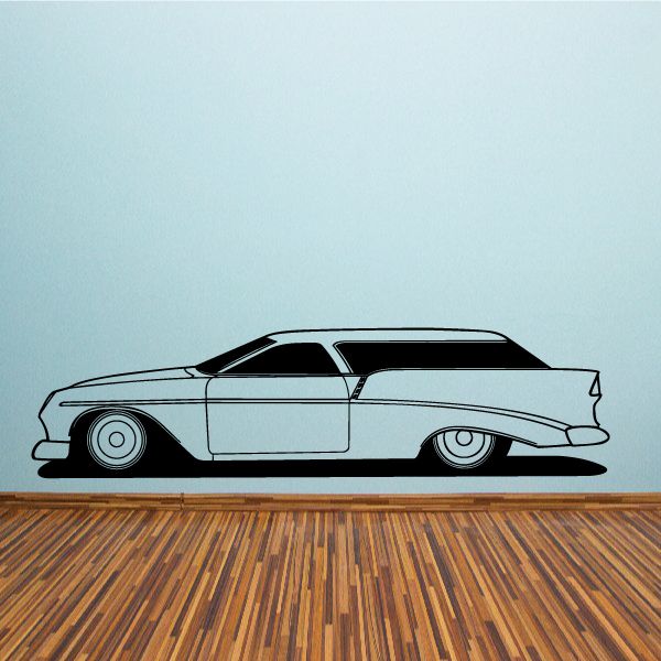 Station wagon vinyl wall decal, side profile with black windows and white body.