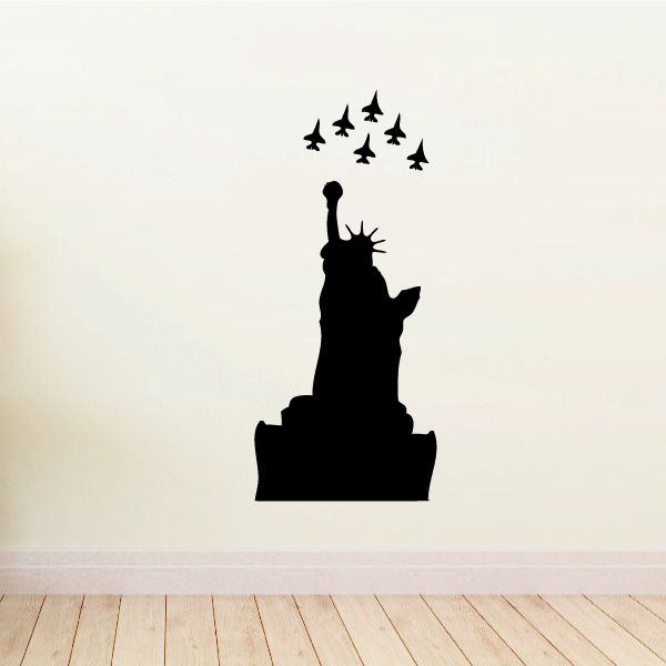 Statue of Liberty flyover decal: black silhouette with flying planes overhead